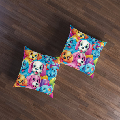 Happy Puppy & Dog Design - Vivid and Eye-Catching - Tufted Floor Pillow, Square