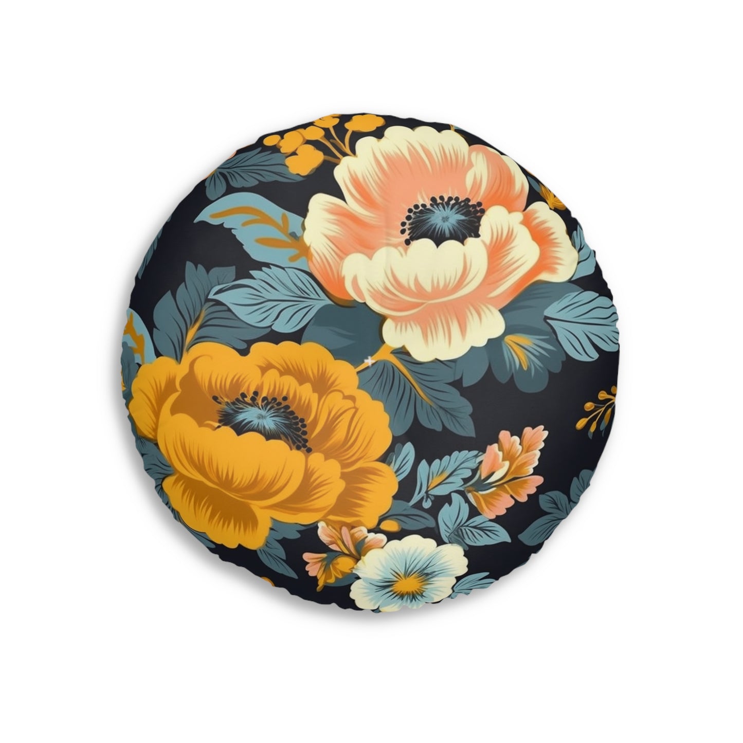 Vintage 50s 60s Inspired High-Waisted Floral Flower Pattern Tufted Floor Pillow, Round