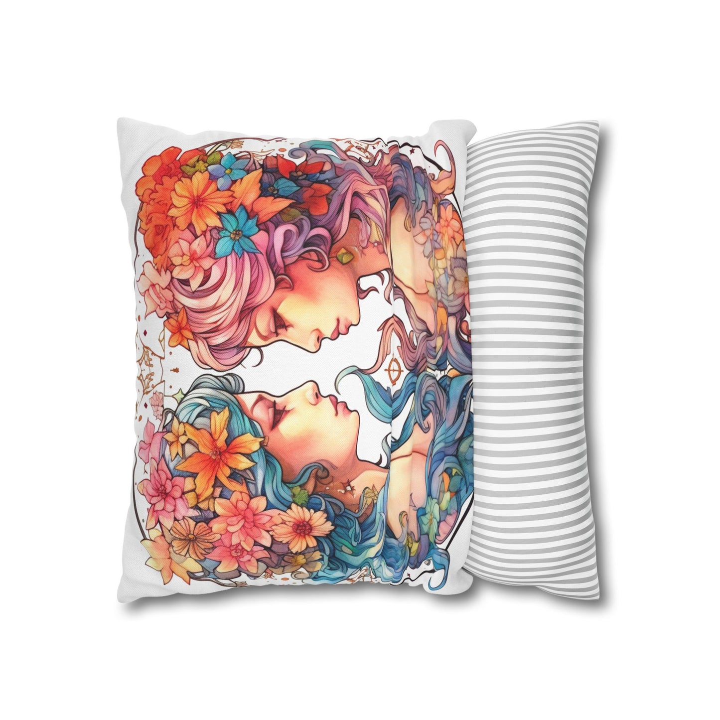 Zodiac Gemini Clipart - Twins Symbol, Whimsical Comic Style - Spun Polyester Square Pillow Case