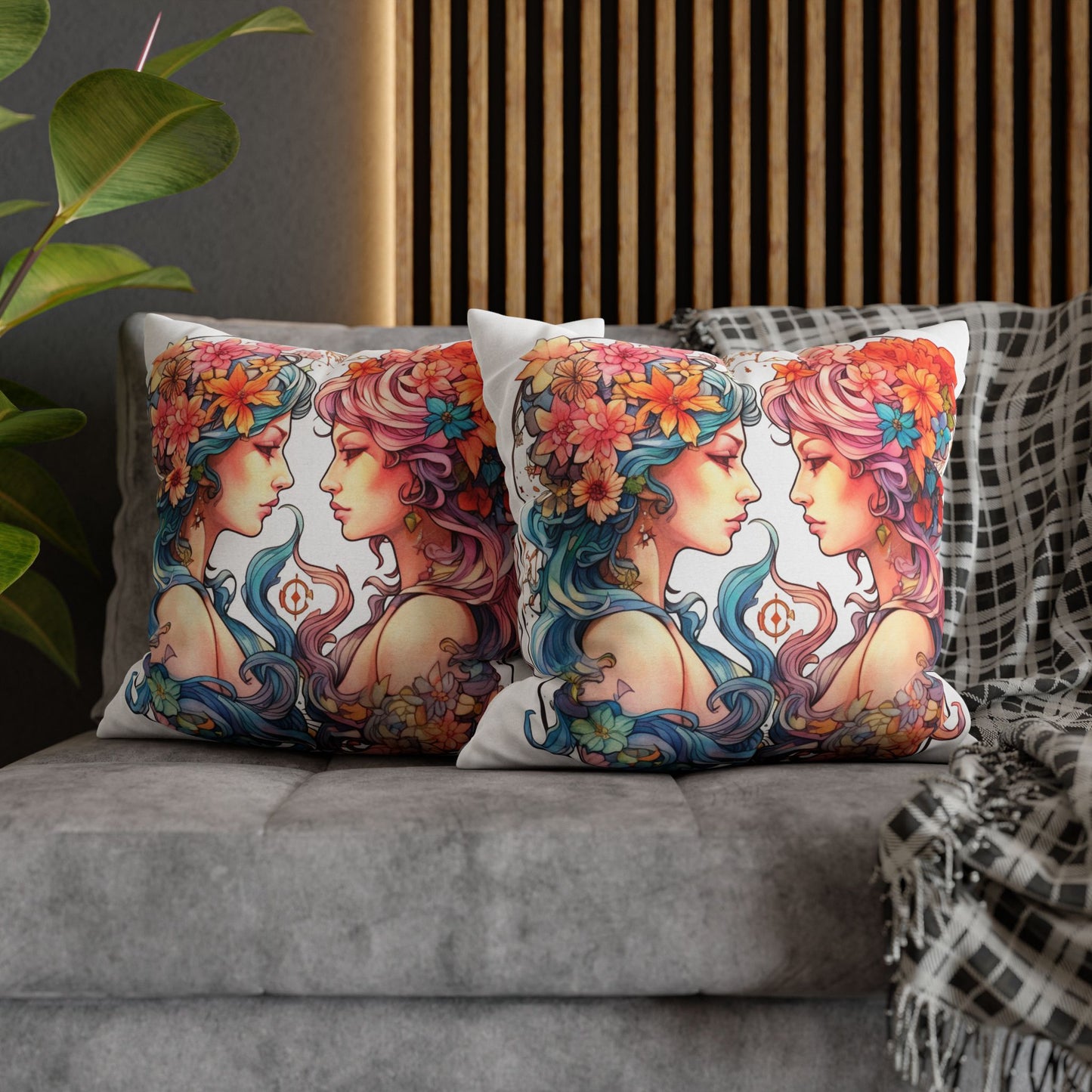 Zodiac Gemini Clipart - Twins Symbol, Whimsical Comic Style - Spun Polyester Square Pillow Case