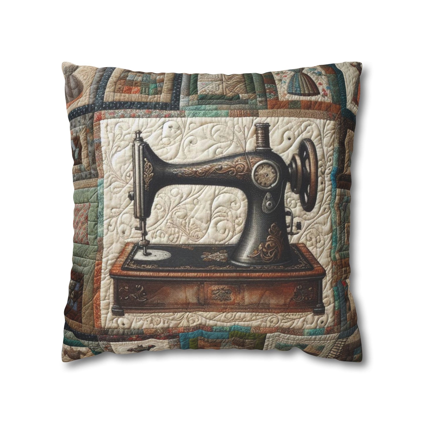 Quilted Sewing Machine, Tailor Craft Patchwork, Heirloom Textile Art - Spun Polyester Square Pillow Case