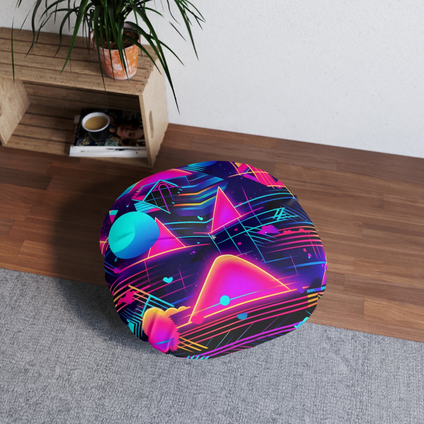 80s Synthwave Retro-Futuristic Inspired Pattern Design Tufted Floor Pillow, Round