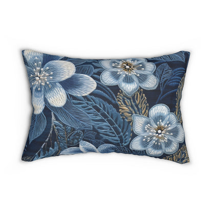 Flower Blossom Embroidery Floral on Denim Style - Spun Polyester Lumbar Pillow