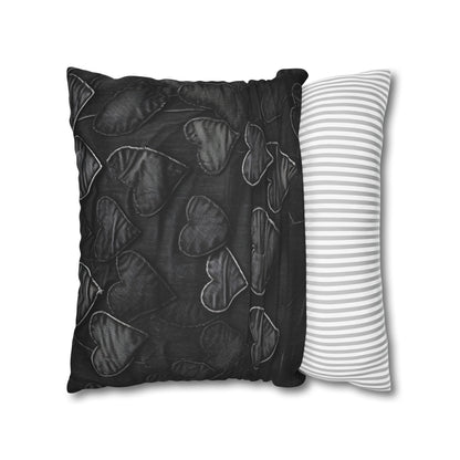 Black: Distressed Denim-Inspired Fabric Heart Embroidery Design - Spun Polyester Square Pillow Case