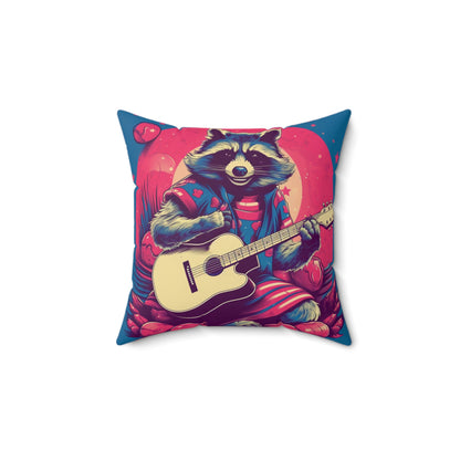 Acoustic Guitar Raccoon Art - Furry Animal Rock Classic Spun Polyester Square Pillow