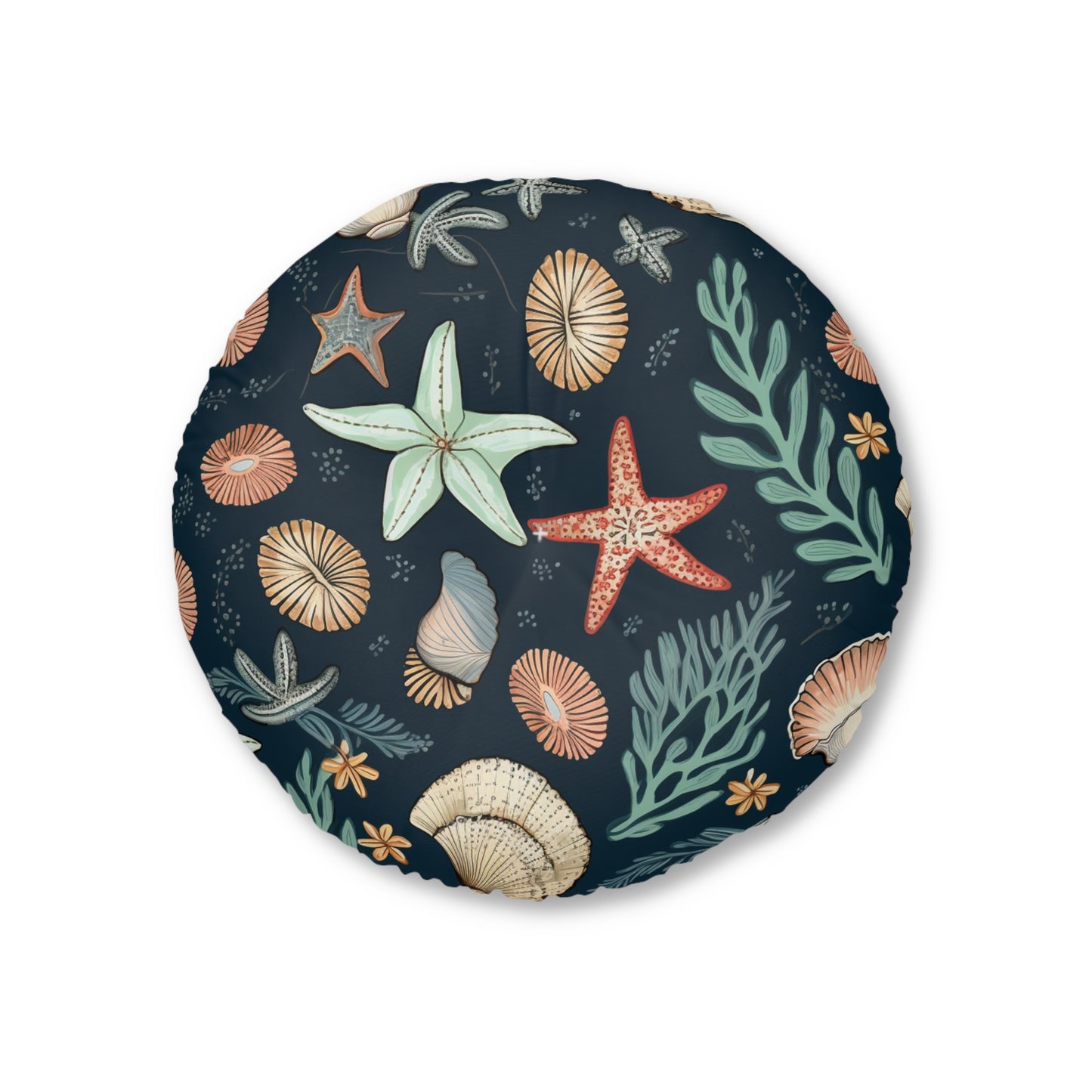 Seashells & Starfish Marine-Inspired Pattern Tufted Floor Pillow, Round