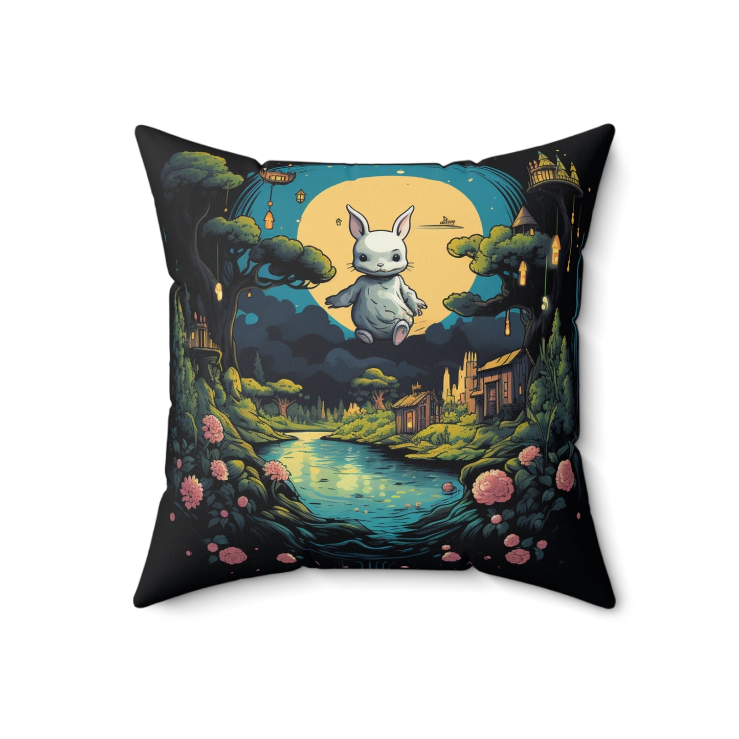 White Rabbit Mystery Psychedelic Fantasy Anime Cartoon Bunny - Spun Polyester Square Pillow