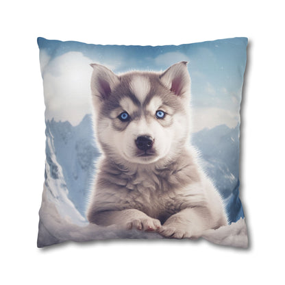 Husky Puppy Winter Wonder - Snowy Mountain Backdrop Spun Polyester Square Pillow Case