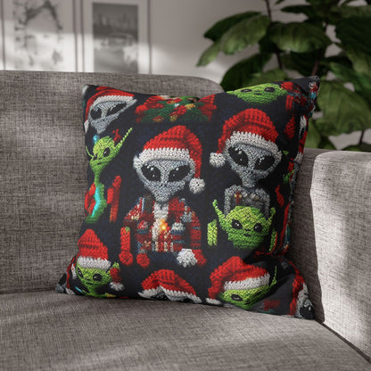 Festive Alien Invasion: Intergalactic Christmas Holiday Cheer with Santa Hats and Seasonal Gifts Crochet Pattern - Spun Polyester Square Pillow Case