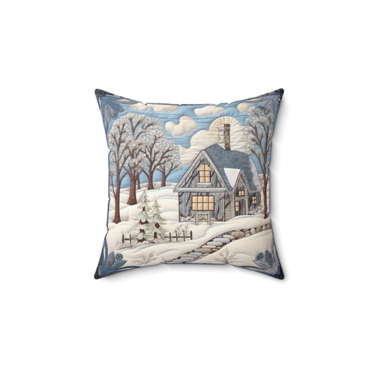 Rustic Snow House - Stone Walkway - Cottagecore Winter Bliss - Nostalgic Charm - Snowy Retreat Decor - Spun Polyester Square Pillow