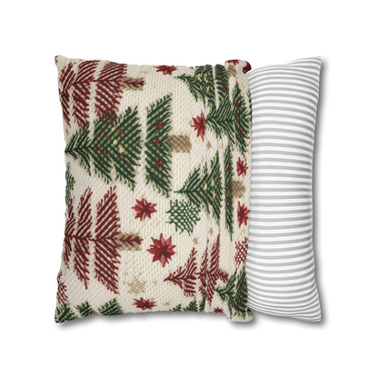 Embroidered Christmas Winter, Festive Holiday Stitching, Classic Seasonal Design - Spun Polyester Square Pillow Case