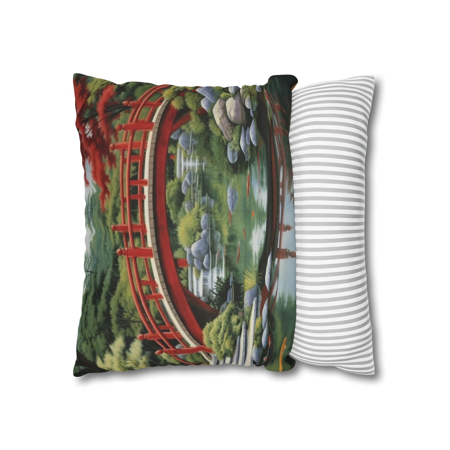 Japanese Garden Art - Tranquil Koi Pond Red Bridge Spun Polyester Square Pillow Case