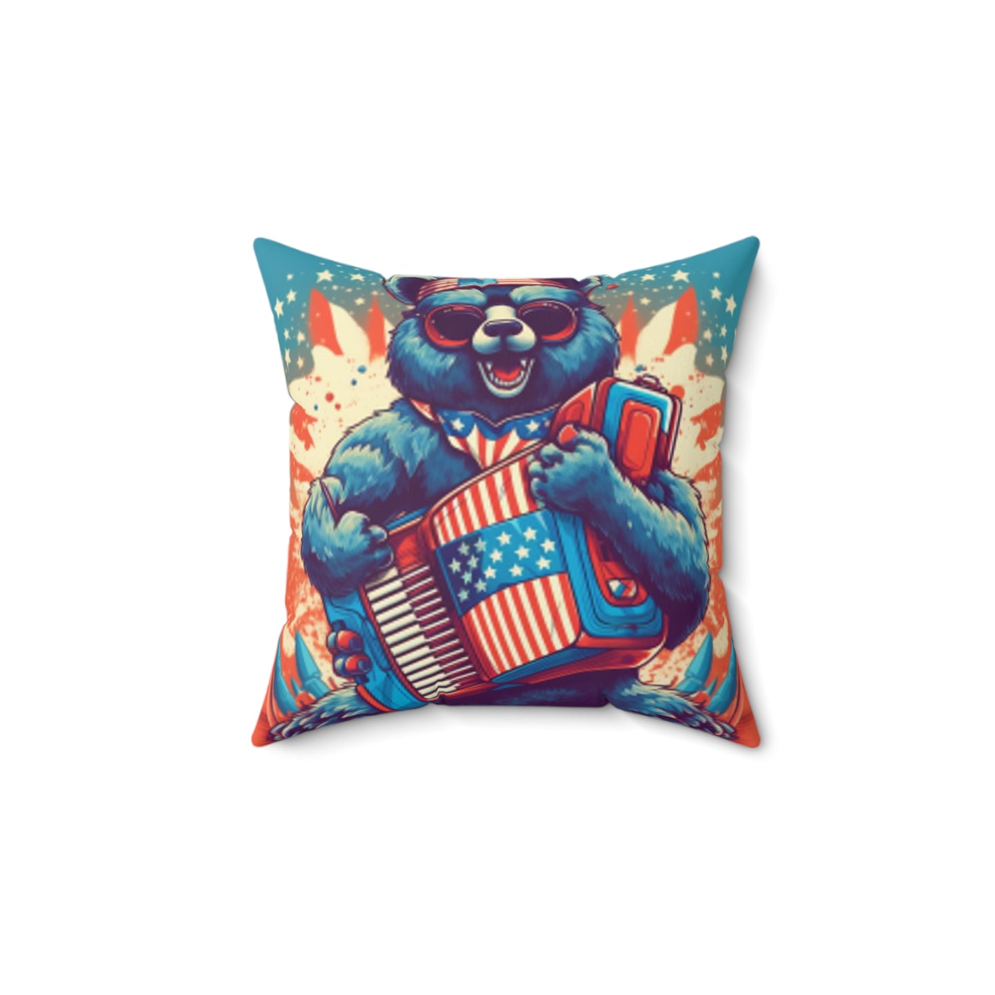 Accordion Bear Patriotic 4th of July American Music Spun Polyester Square Pillow