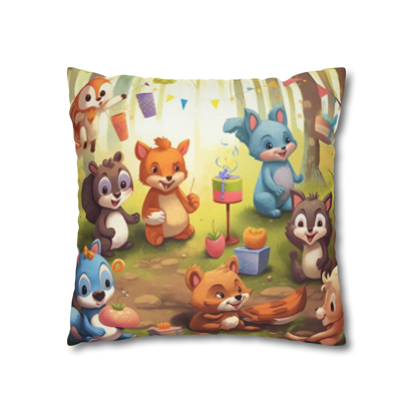 Nursery Art - Cartoon Forest Animals Party Design Spun Polyester Square Pillow Case