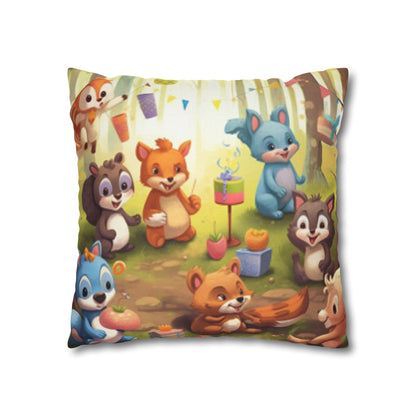 Nursery Art - Cartoon Forest Animals Party Design Spun Polyester Square Pillow Case