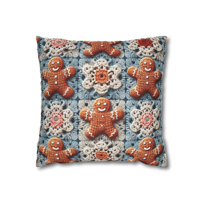 Christmas Holiday Delight: Crocheted Gingerbread Smile Pattern with Lace Snowflakes - Spun Polyester Square Pillow Case