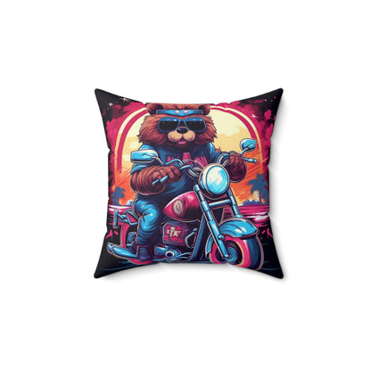 Motorcycle Bear Rider Adventure Graphic Spun Polyester Square Pillow