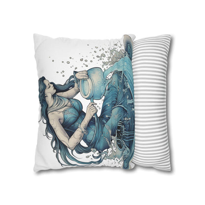 Aquarius Zodiac Symbol - Girl Pouring Water, Hand-Drawn Style - Spun Polyester Square Pillow Case