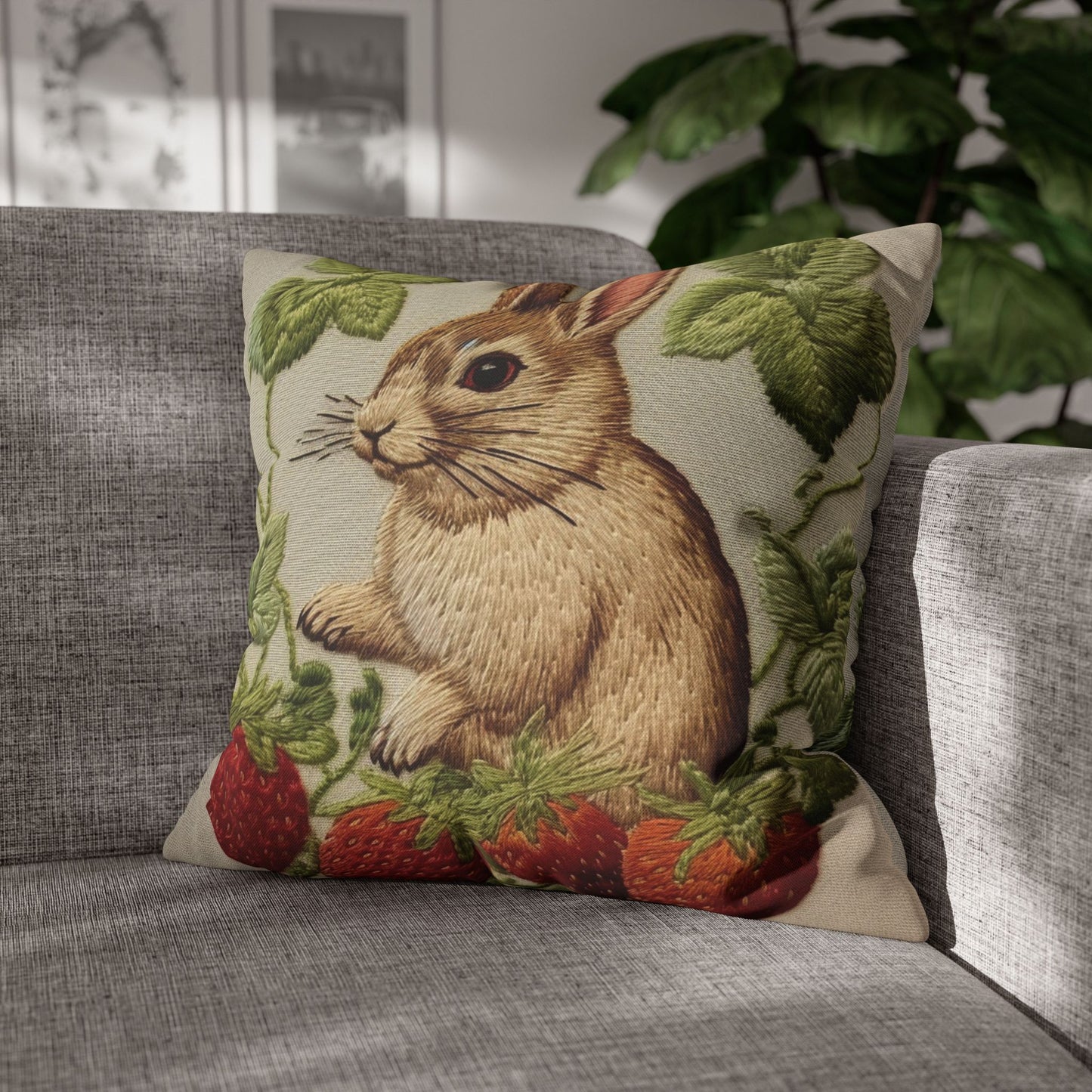 Strawberry Bunny Rabit - Embroidery Style - Strawberries Fruit Munchies - Easter Gift - Spun Polyester Square Pillow Case