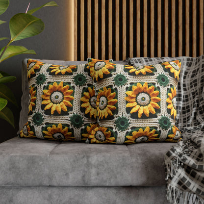 Sunflower Crochet Elegance, Granny Square Design, Radiant Floral Motif. Bring the Warmth of Sunflowers to Your Space - Spun Polyester Square Pillow Case