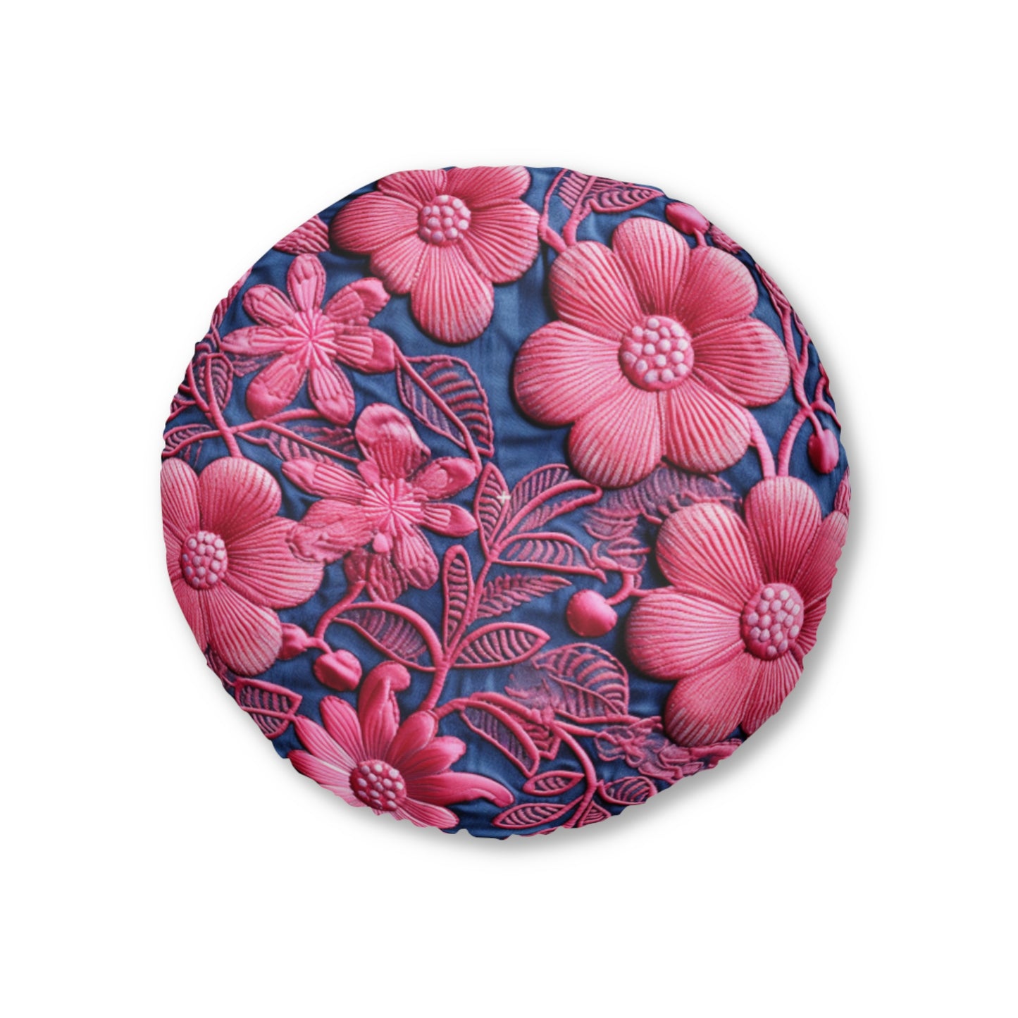 Denim Blue Doll Pink Floral Embroidery Style Fabric Flowers - Tufted Floor Pillow, Round