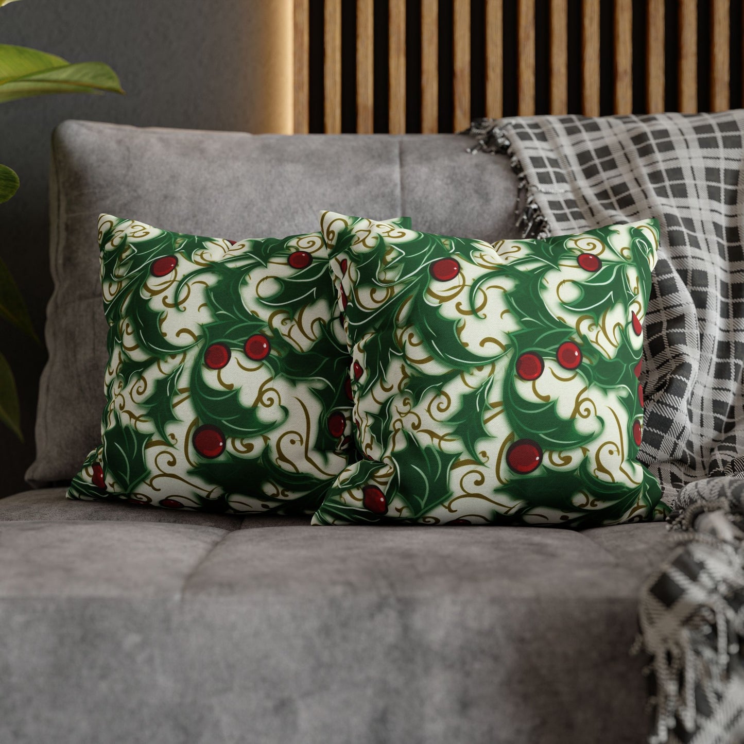 Holiday Elegance: Christmas Holly Swirls Design - Spun Polyester Square Pillow Case