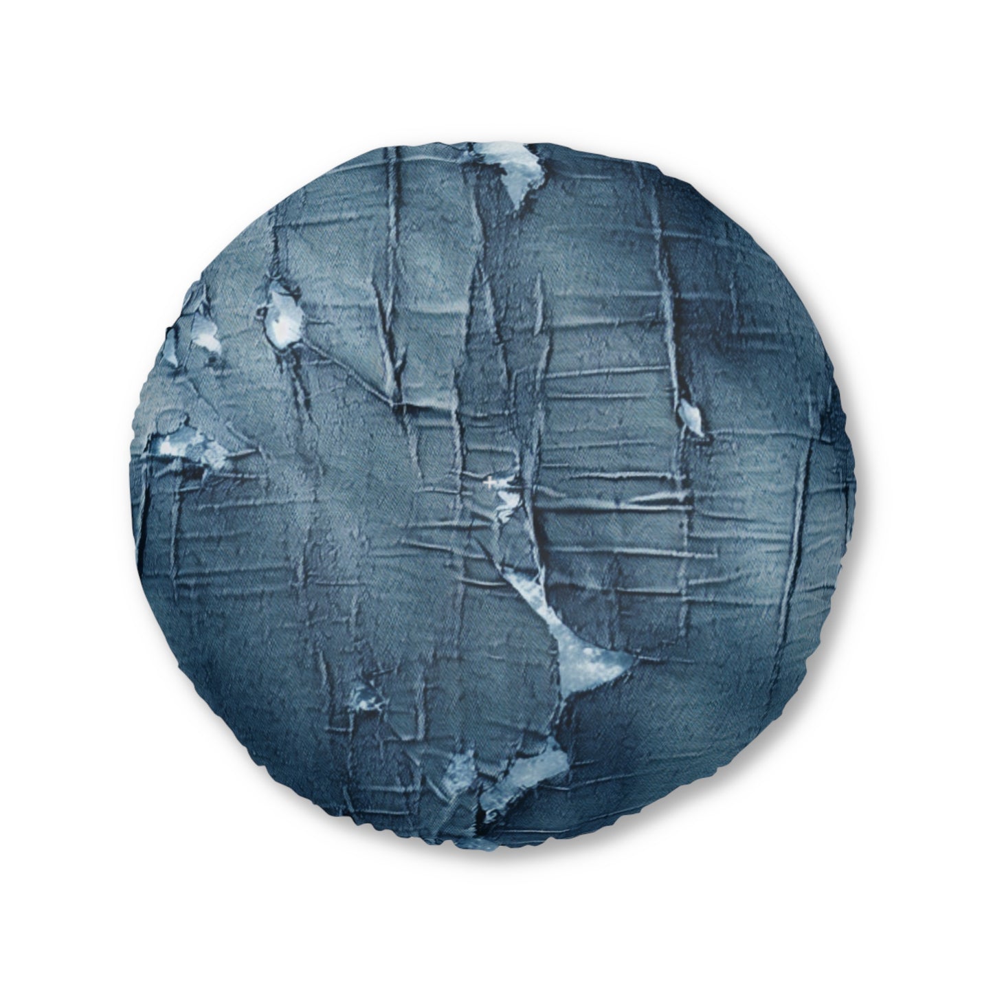 Distressed Blue Denim-Look: Edgy, Torn Fabric Design - Tufted Floor Pillow, Round