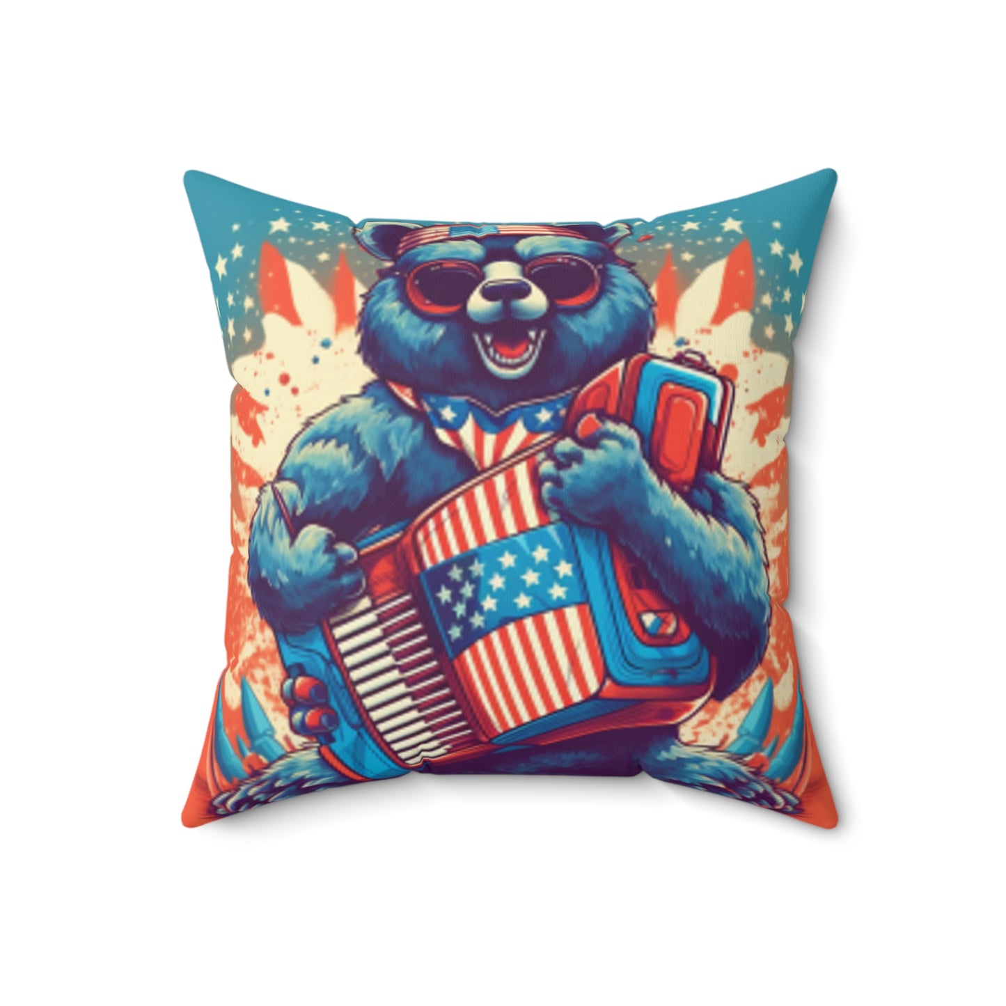 Accordion Bear Patriotic 4th of July American Music Spun Polyester Square Pillow