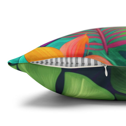 Vivid Tropical Birds & Leaves - Seamless Pattern Spun Polyester Square Pillow Case