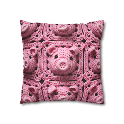 Crochet Pig Farm Animal Pink Snout Piggy Pattern - Spun Polyester Square Pillow Case