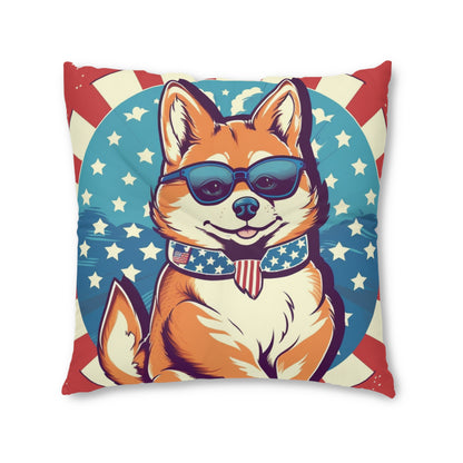 Patriotic Shiba Inu Retro Cartoon -Synthwave Summer Animation Tufted Floor Pillow, Square