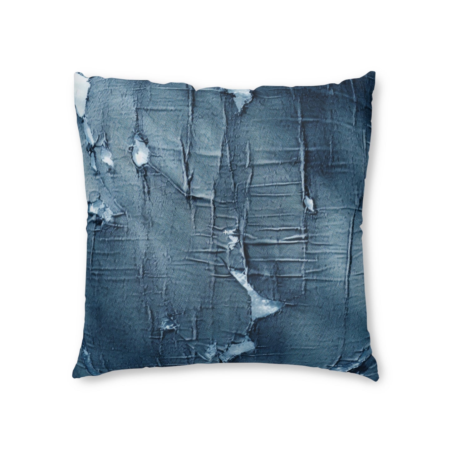 Distressed Blue Denim-Look: Edgy, Torn Fabric Design - Tufted Floor Pillow, Square