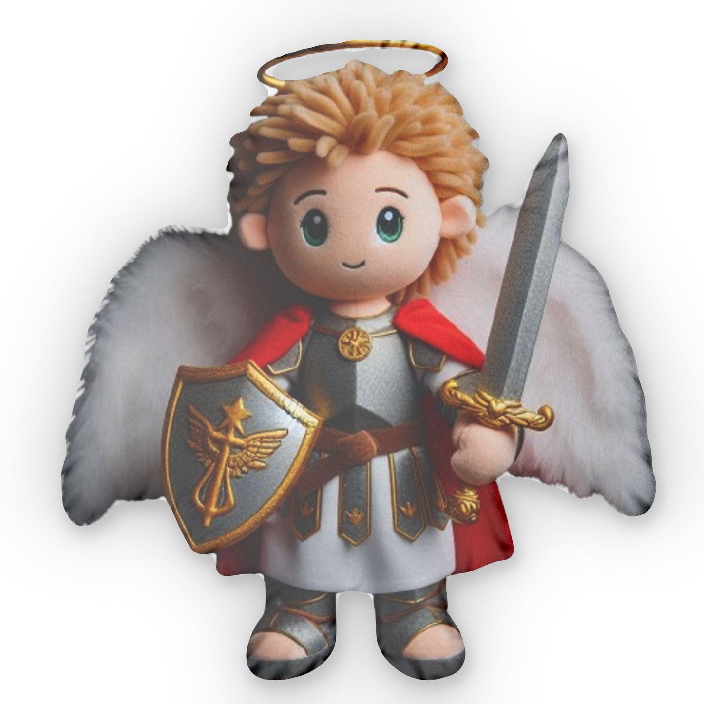 Saint Michael doll with blond hair, sword and shield, Plush Gift, Shaped Pillow