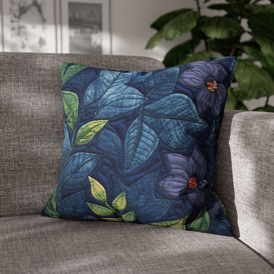 Floral Embroidery Blue: Denim-Inspired, Artisan-Crafted Flower Design - Spun Polyester Square Pillow Case