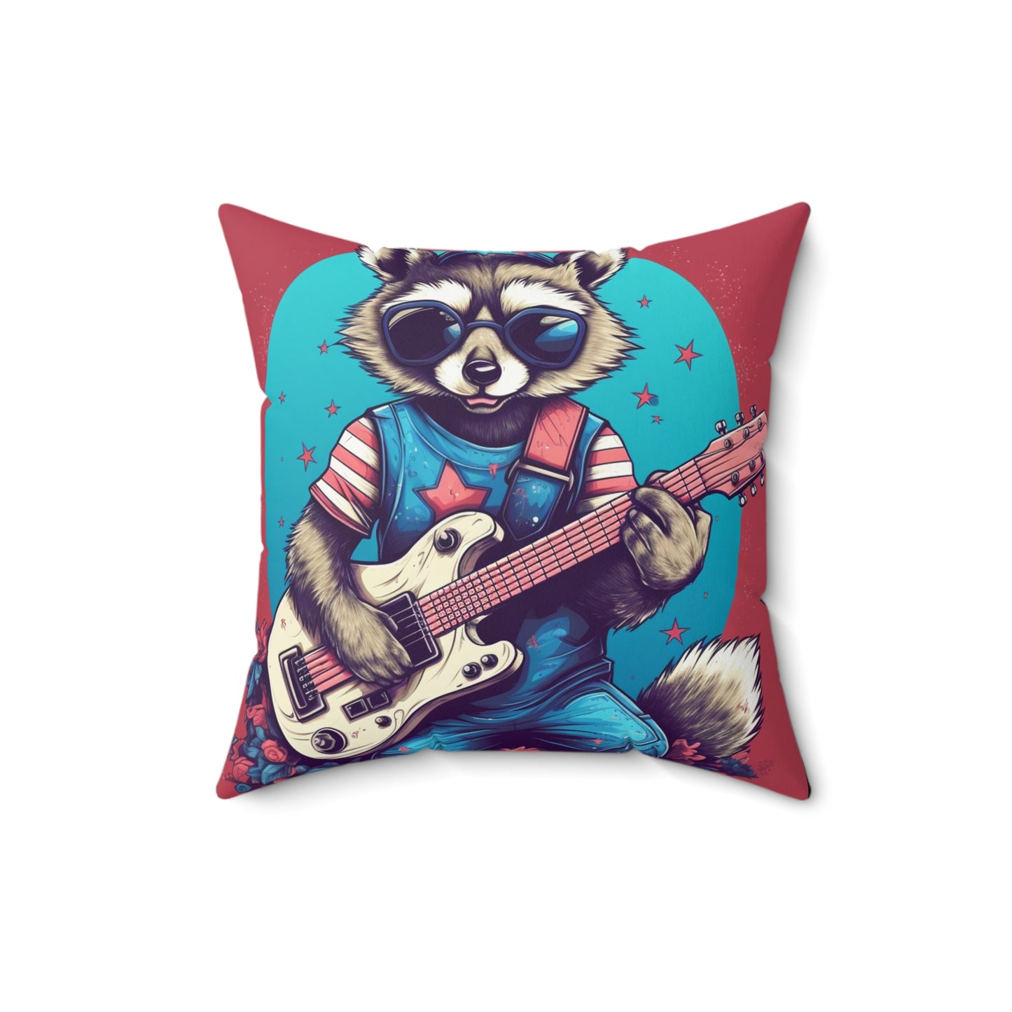 Patriotic Rock 'n' Roll Raccoon: Furry Guitar Player Spun Polyester Square Pillow