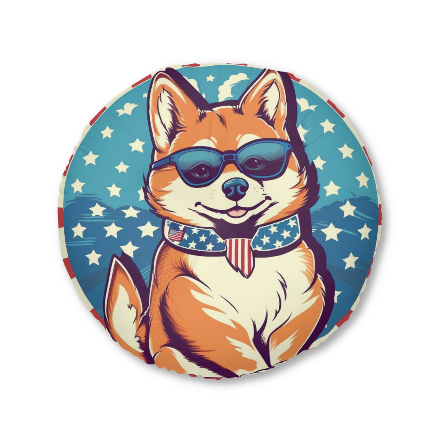 Patriotic Shiba Inu Retro Cartoon -Synthwave Summer Animation Tufted Floor Pillow, Round