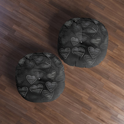 Black: Distressed Denim-Inspired Fabric Heart Embroidery Design - Tufted Floor Pillow, Round