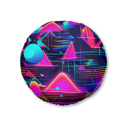 80s Synthwave Retro-Futuristic Inspired Pattern Design Tufted Floor Pillow, Round