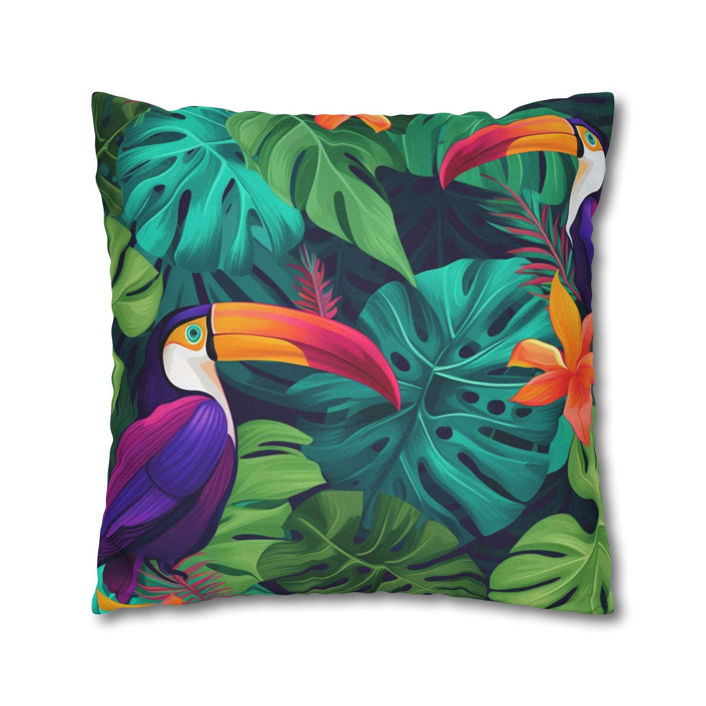 Vivid Tropical Birds & Leaves - Seamless Pattern Spun Polyester Square Pillow Case