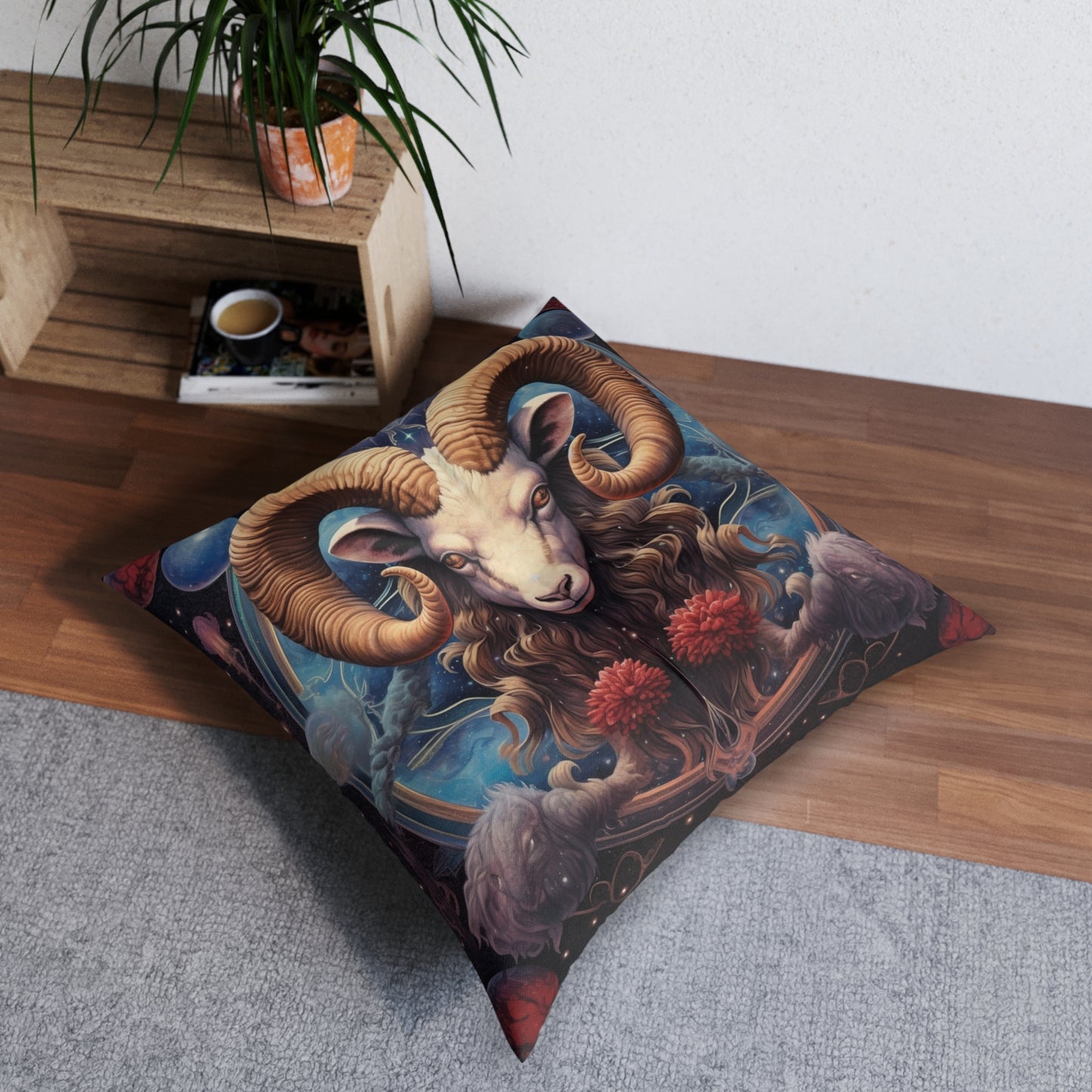 Aries Zodiac Ram - Vibrant Astrological Sign Cosmic Space Symbol - Tufted Floor Pillow, Square