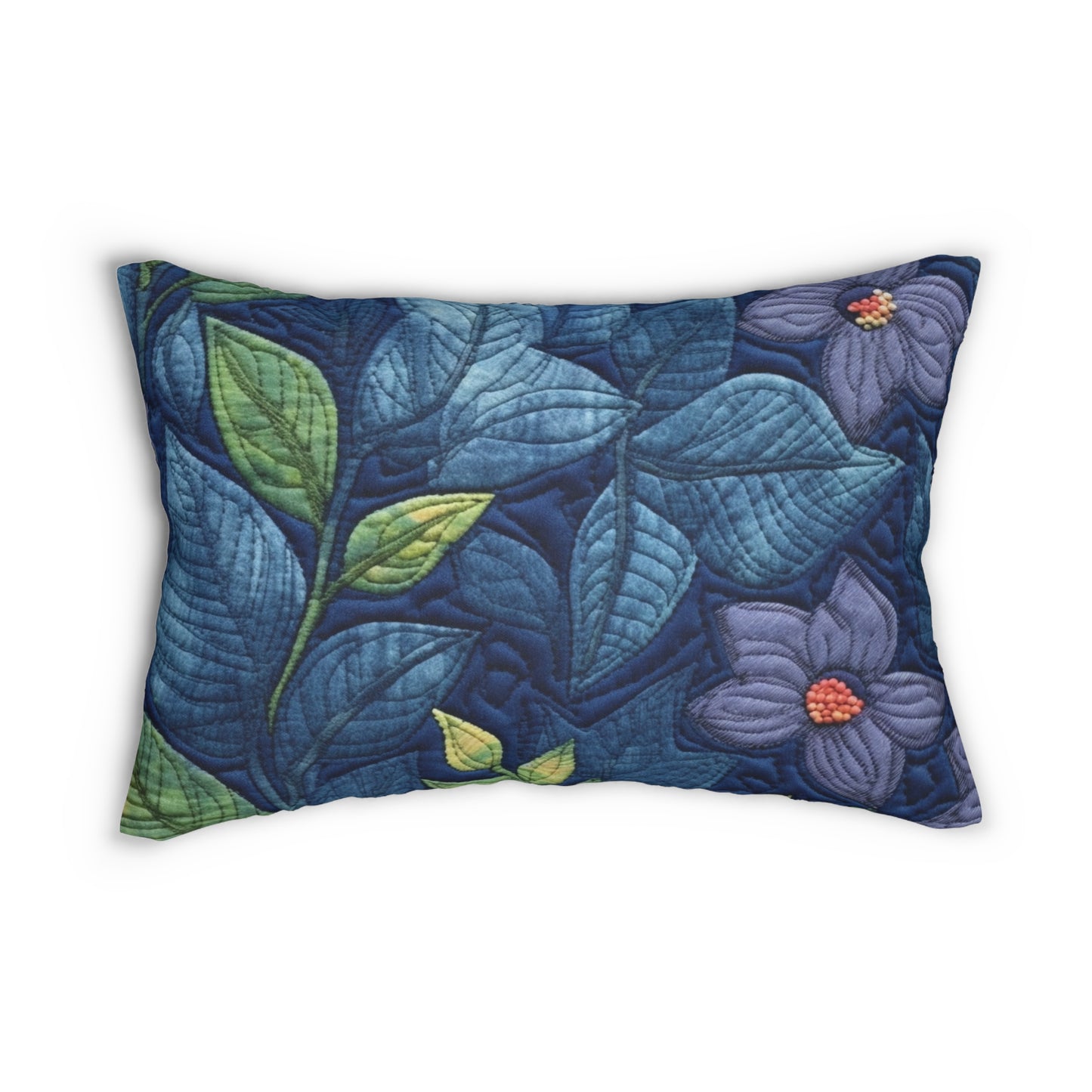 Floral Embroidery Blue: Denim-Inspired, Artisan-Crafted Flower Design - Spun Polyester Lumbar Pillow