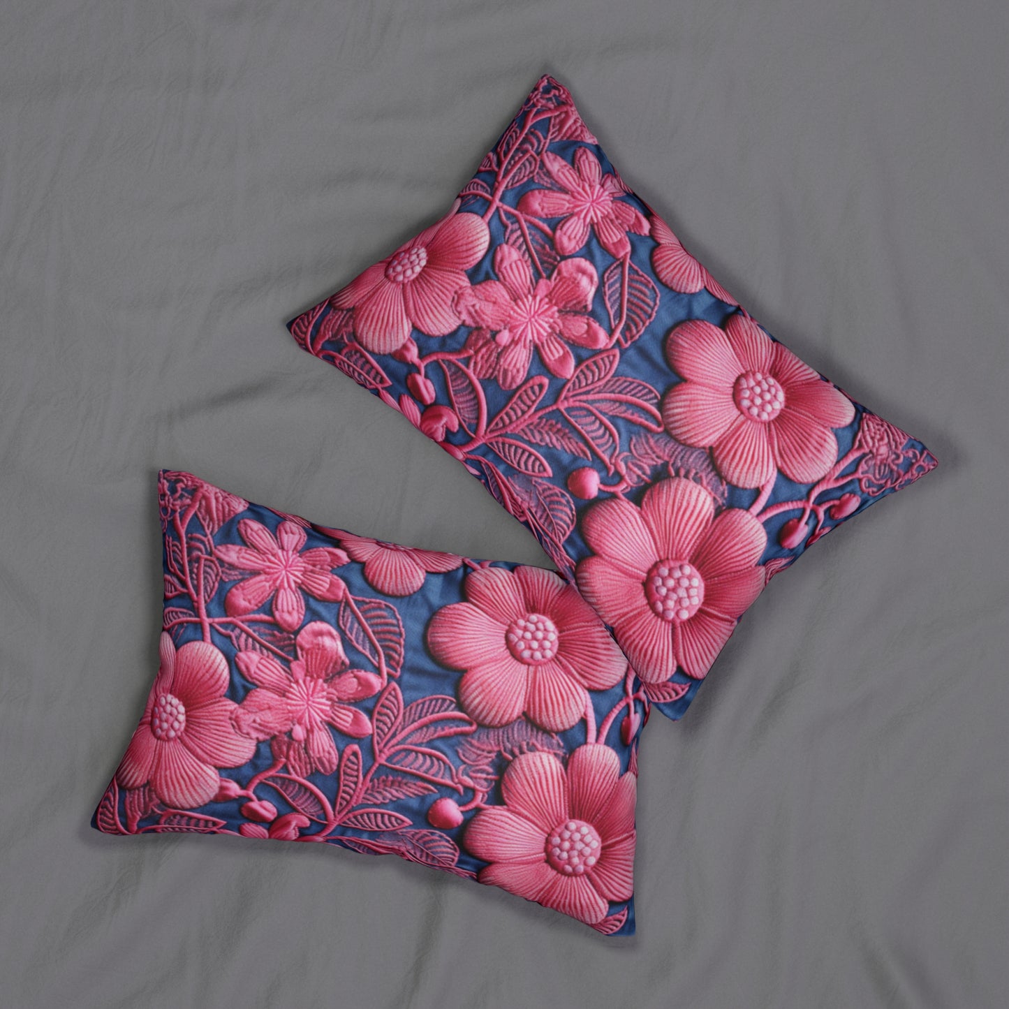 Denim Blue Doll Pink Floral Embroidery Style Fabric Flowers - Spun Polyester Lumbar Pillow