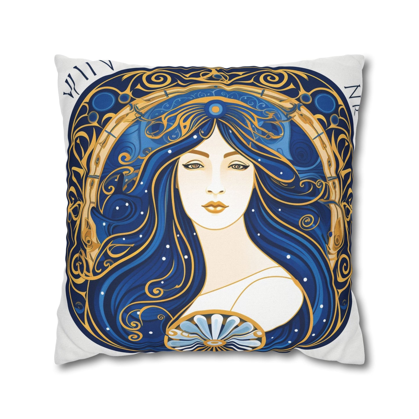 Virgo Zodiac Circular Symmetry in Gold Royal Blue - Spun Polyester Square Pillow Case