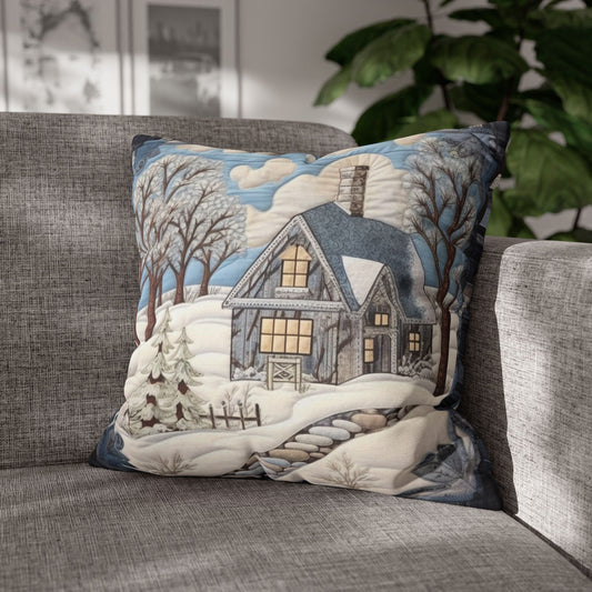 Rustic Snow House - Stone Walkway - Cottagecore Winter Bliss - Nostalgic Charm - Snowy Retreat Decor - Spun Polyester Square Pillow Case