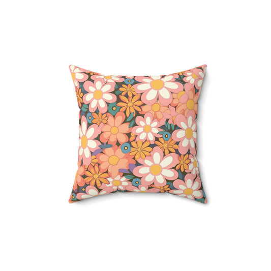 Groovy 1960s 1970s Pink & Orange Daisy Mod Floral - Spun Polyester Square Pillow