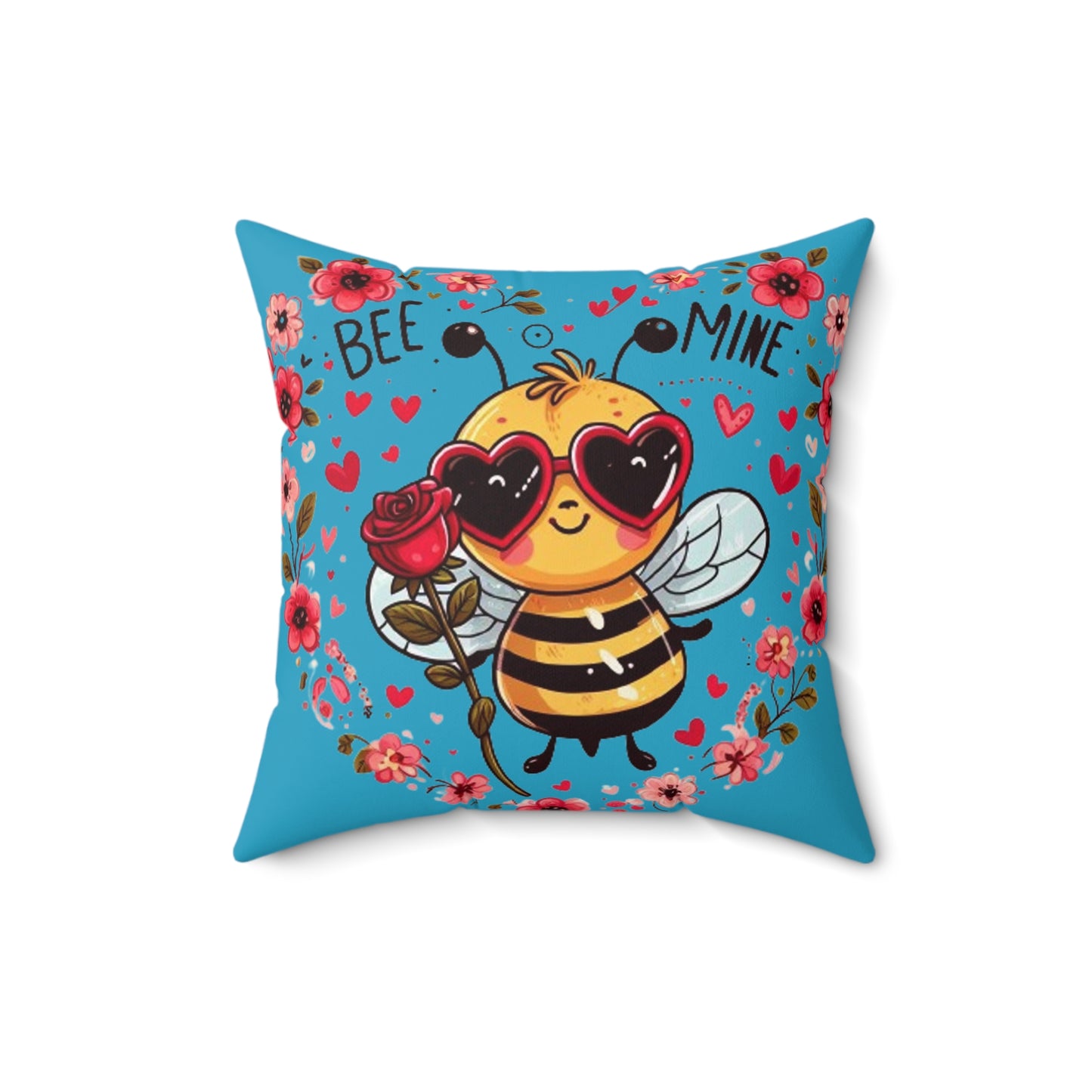 Whimsical Bee Love: Heartfelt Valentines Design with Floral Accents and Heart Sunglasses - Romantic - Spun Polyester Square Pillow