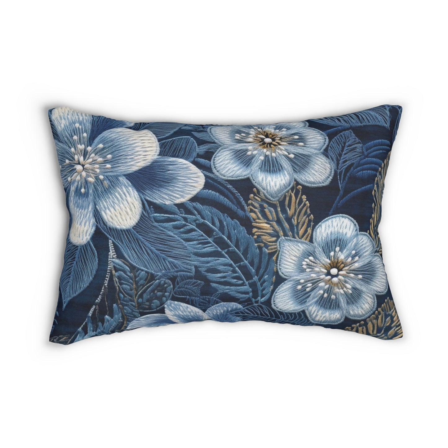 Flower Blossom Embroidery Floral on Denim Style - Spun Polyester Lumbar Pillow