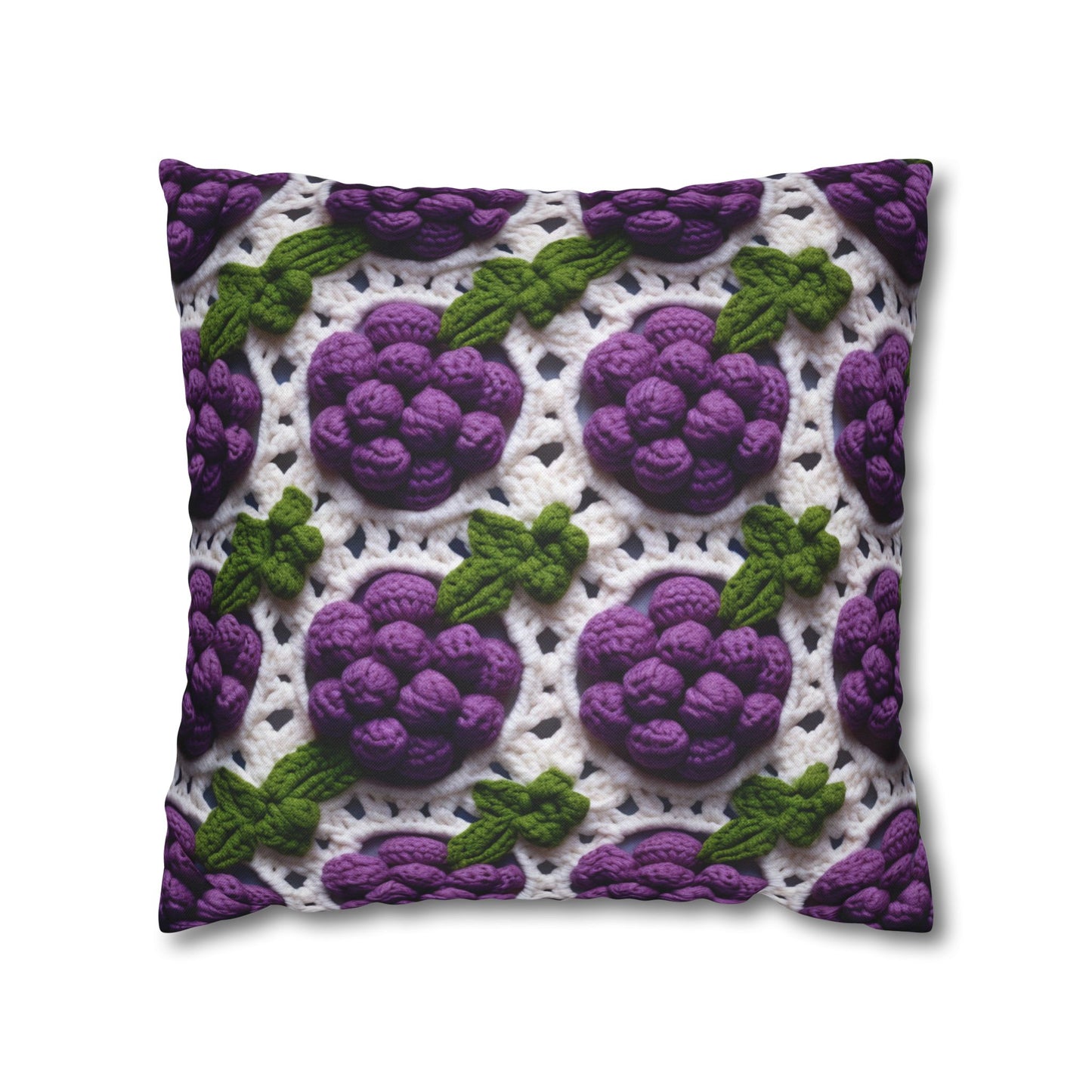 Crochet Grapes Pattern - Granny Square Design - Fresh Fruit Pick - Orchard Purple Snack Food - Spun Polyester Square Pillow Case