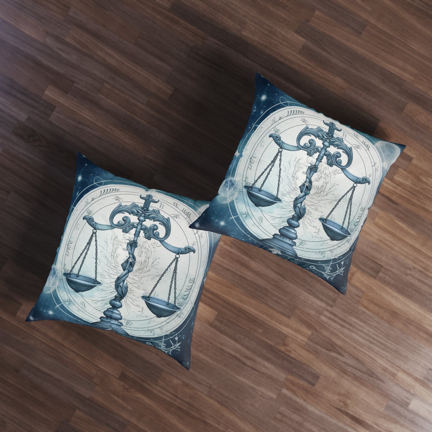 Blue Tones Libra Zodiac Cosmic Astro - Balance Scale & Symbols - Tufted Floor Pillow, Square