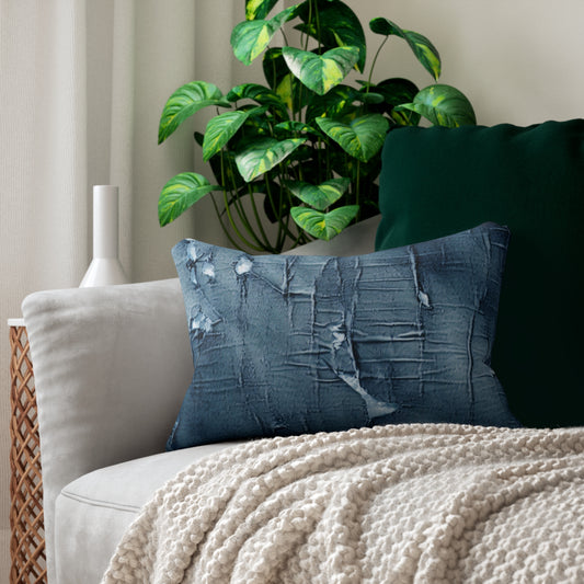 Distressed Blue Denim-Look: Edgy, Torn Fabric Design - Spun Polyester Lumbar Pillow